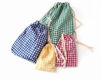 Conjunto de 4 Sacos com Cordão Estampados em Vichy, Organizadores de Bolsas Xadrez, Sacos para Viagem, Sacos Coloridos de Popelina