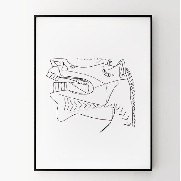 Illustration de croquis de Picasso de l’affiche d’impression d’art de cheval de Guernica dans le modèle minimaliste noir et blanc