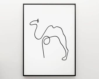 Picasso Camel sketch - line drawing, black and white illustration poster