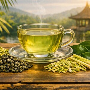 Puede incluir: Una taza y un plato de cristal transparente llenos de t&eacute; verde humeante, acompa&ntilde;ados por un mont&oacute;n de hojas de t&eacute; enrolladas de color verde oscuro, tallos de limoncillo picados y hojas frescas sobre una superficie de madera.