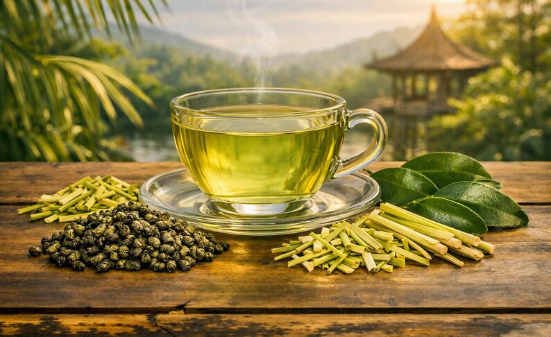 Puede incluir: Una taza y un plato de cristal transparente llenos de t&eacute; verde humeante, acompa&ntilde;ados por un mont&oacute;n de hojas de t&eacute; enrolladas de color verde oscuro, tallos de limoncillo picados y hojas frescas sobre una superficie de madera.