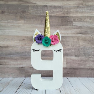 Unicorn age photo prop and birthday decoration, 8 paper mache number, photo prop, birthday decoration, centerpiece, unicorn party, standing image 3