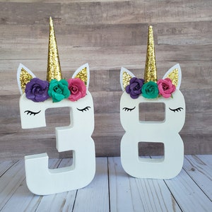 Unicorn age photo prop and birthday decoration, 8 paper mache number, photo prop, birthday decoration, centerpiece, unicorn party, standing image 1