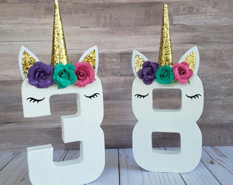 Unicorn age photo prop and birthday decoration, 8" paper mache number, photo prop, birthday decoration, centerpiece, unicorn party, standing