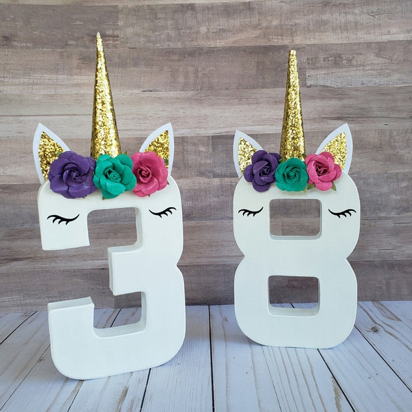 Unicorn age photo prop and birthday decoration, 8" paper mache number, photo prop, birthday decoration, centerpiece, unicorn party, standing