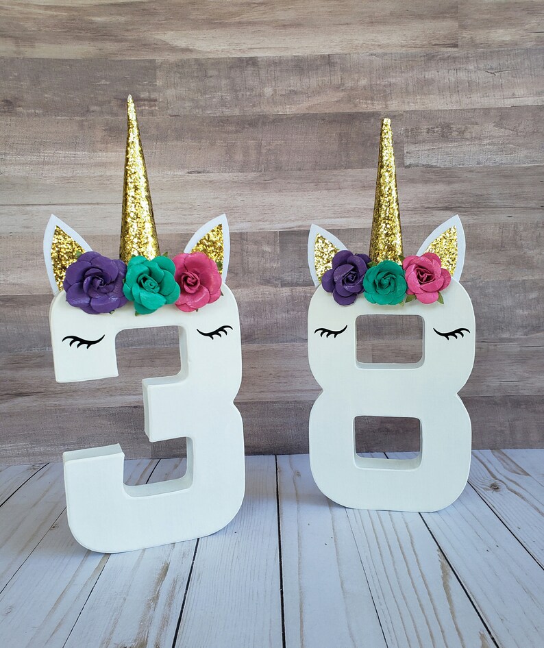 Unicorn age photo prop and birthday decoration, 8 paper mache number, photo prop, birthday decoration, centerpiece, unicorn party, standing image 1