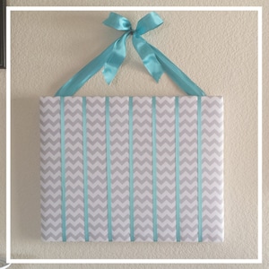 Hair bow holder, baby hair bow holder, Large Hair Bow Holder, Fabric Covered Hair Bow Holder, Room Accessory, Gray chevron, turquoise accent