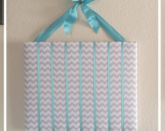 Hair bow holder, baby hair bow holder, Large Hair Bow Holder, Fabric Covered Hair Bow Holder, Room Accessory, Gray chevron, turquoise accent