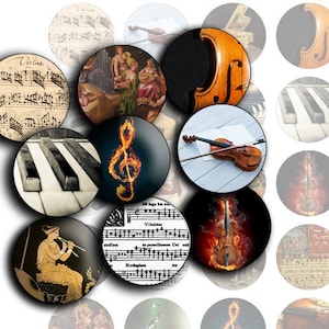 Instrumentos musicales clásicos Digital Collage Sheet 1 inche Circles, 25mm, 1.5", 1.25", 30mm Bottlecaps Scrapbooking Pendants - td111