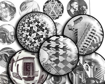 Escher Image Digital Collage Sheet 1.5", 1.25", 30mm, 1 inch Escher modern Painters Circle Images Printable Pendants Cabochon cameo - td208