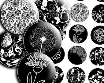 Black & White Flower Digital Collage Sheet: Circle Images (Digital Download)