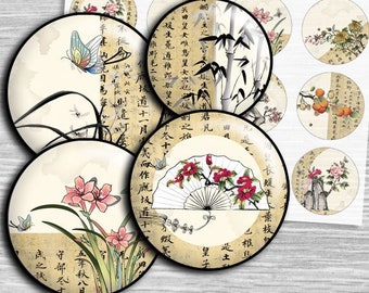 Japanese images digital collage sheet - td37 - 1.5", 1.25", 30mm, 1 inch - instant download circle digital images pendants printable