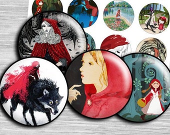 Little Red Riding Digital Collage Sheet round printable - td82 - 1.5", 1.25", 30mm, 1 inch circles bottlecaps cabochon instant download