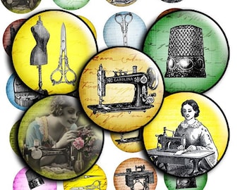 Vintage Sewing digital collage sheet round - td212 - 1.5", 1.25", 30mm, 1 inch circles - Printable Images Round Pendants download circles