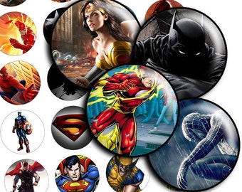 Superhero Cartoons Collage Sheet: Round Pendants, Bottle Caps (Digital Download)