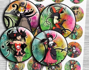 Girls Goth Steampunk Printable Circles: Digital Collage Sheet (PDF)