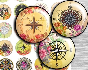 Compass Circle roses digital collage sheet - td163 - 1.5", 1.25", 30mm, 1 inch - Circle Bottle cap images, Printable Images - Download