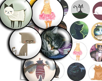 Cats images circles Digital collage sheet - td84 - 1.5", 1.25", 30mm, 1 inch round bottlecaps Images for pendant, cabochon instant download