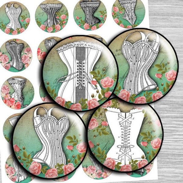 Corset Image Circles Digital Collage Sheet 1 pouce, 25mm, 1.5 », 1.25 », 30mm images numériques téléchargement instantané cabochon rond - td113