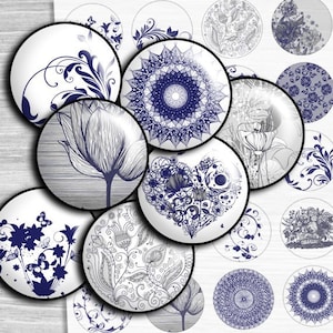 Imágenes azules hoja de collage digital de 1 pulgada de círculos, 1.5", 1.25", 30 mm, círculos de imágenes, descargas digitales de collage- td198