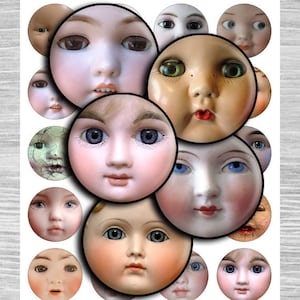 Dolls creepy digital collage sheet circles - td100 - 1.5&quot;, 1.25&quot;, 30mm, 1 inch - Bottle cap images printable round download