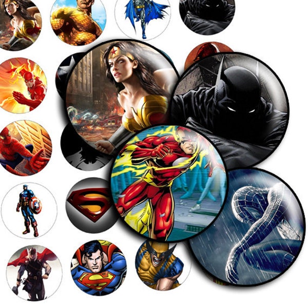 Superhero cartoons digital collage sheet round printable - td263 - 1.5", 1.25", 30mm, 1 inch instant download pendants images bottle cap
