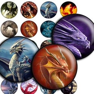 Flying Dragons Images digital collage sheet - td195 - 1.5&quot;, 1.25&quot;, 30mm, 1 inch circles magnet Instant Download cabochon, bottle caps