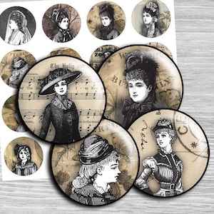Vintage Women Collage Sheet: Printable Circles (Digital Download)