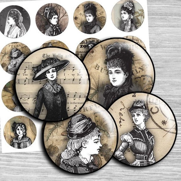 Vintage Women Digital Collage Sheet round Printable Circles  1.5", 1.25", 30mm, 1 inch digital circles printable Bottle caps td47