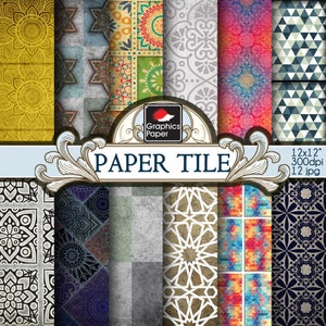 Geometric Tile Pattern Digital Paper Pack: Printable Texture Backgrounds (12x12, 300 DPI) (Digital Download)