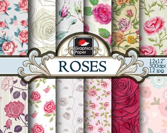 Roses Digital Paper Pack: Shabby Chic Scrapbook Patterns (Instant Download, 12 JPG Files)