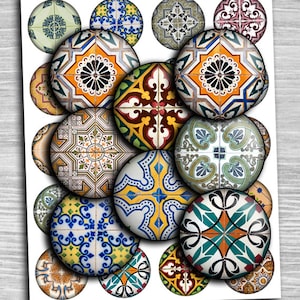 Arabesque Azulejos Tiles - digital collage sheet circle 1 inch, 1.5&quot;, 1.25&quot;, 30mm, 25mm round Printable Images - Round Pendant, bezel td410