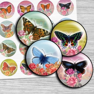 Butterfly digital collage sheet circles images Butterflies - td190 - 1.5&quot;, 1.25&quot;, 30mm, 1 inch printable circle Images Instant Download