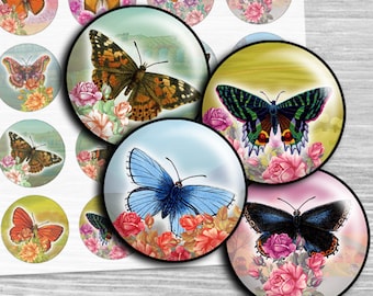 Butterfly digital collage sheet circles images Butterflies - td190 - 1.5", 1.25", 30mm, 1 inch printable circle Images Instant Download