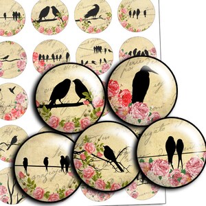 Birds Images Flowers circles Digital Collage Sheet 1.5&quot;, 1.25&quot;, 30mm, 1 inch Round Printable Bottle caps Image Necklace - td125