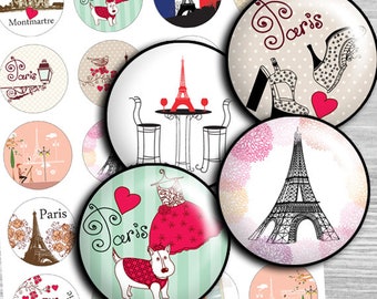 Paris Circle images Digital Collage Sheet - td53 - 1.5", 1.25", 30mm, 1 inch circles - Instant download Bottle cap images printable