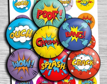 Superhero Comic Book Noises Collage Sheet: Bottle Cap Pendants (Digital Download)