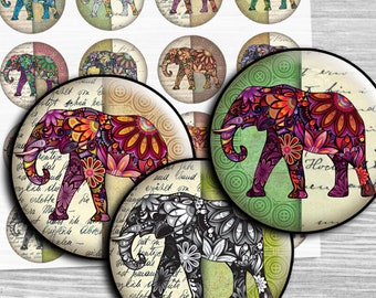 Elephants Digital collage sheet Cabochon images 1.5", 1.25", 30mm, 1 inch circle Printable images Instant download bottle caps td316