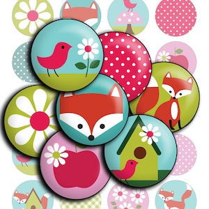Feuille de collage numérique - Fox Forest - Cabochon images 1.5", 1.25", 30mm, 1 pouce cercle Images Imprimables Instant download bottle caps td413