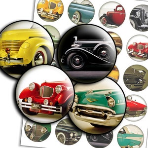 Retro Car Images Collage Sheet: 1-1.5 Inch Circles (Digital Download)