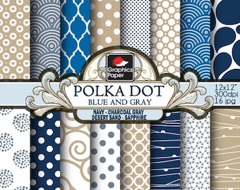 Blue and Gray Scrapbook Paper, Polka Dot Patterns (Digital Download)
