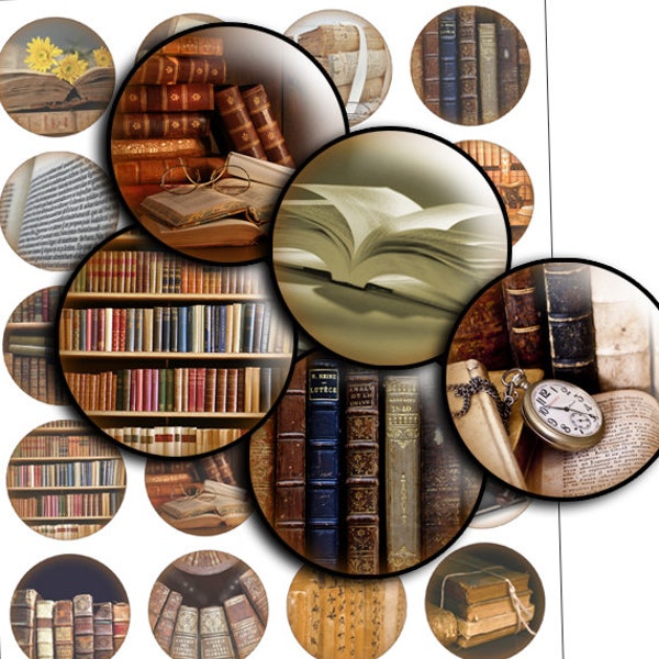 Old books images libraries digital collage sheet - td104 - 1.5", 1.25", 30mm, 1 inch - Bottle caps images  for glass instant download print