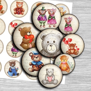Teddy Bears  - digital collage sheet - td381 - 1.5&quot;, 1.25&quot;, 30mm, 1 inch circles - Printable Images  Round for Pendants, magnets, bottlecaps