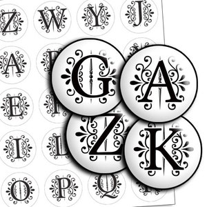 Alphabet letters Initial Printable Digital Collage Sheet 1 inch circles, 25mm, 1.5", 1.25", 30mm Bottle caps Images Printable pendant td420