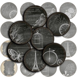 Blackboard - Paris birds Digital Collage Sheet Round Images 1.5&quot;, 1.25&quot;, 30mm, 1 inch - Printable images Pendants, Bottle caps - td288