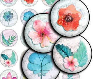 Flower  Watercolor digital collage sheet round - td425 - 1 inch 1.5", 1.25", 30mm, 25mm - Instant download images printable round cabochon