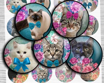 Kittens and Cats with flowers - digital collage sheet - td175 - 1.5", 1.25", 30mm, 1 inch circles for magnet stickers, Images for pendant