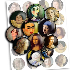 Portraits of women in art Images Digital Collage Sheet - td88 - 1.5", 1.25", 30mm, 1 inch Circle 25mm Pendants cabochon Instant Printable