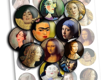 Portraits of women in art Images Digital Collage Sheet - td88 - 1.5", 1.25", 30mm, 1 inch Circle 25mm Pendants cabochon Instant Printable