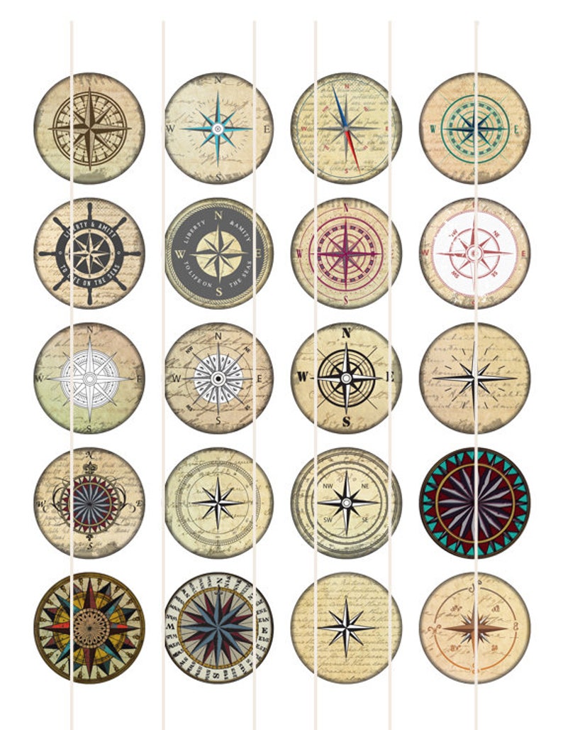 Compass Circle Digital Collage Sheet Rounds Wind Rose Etsy
